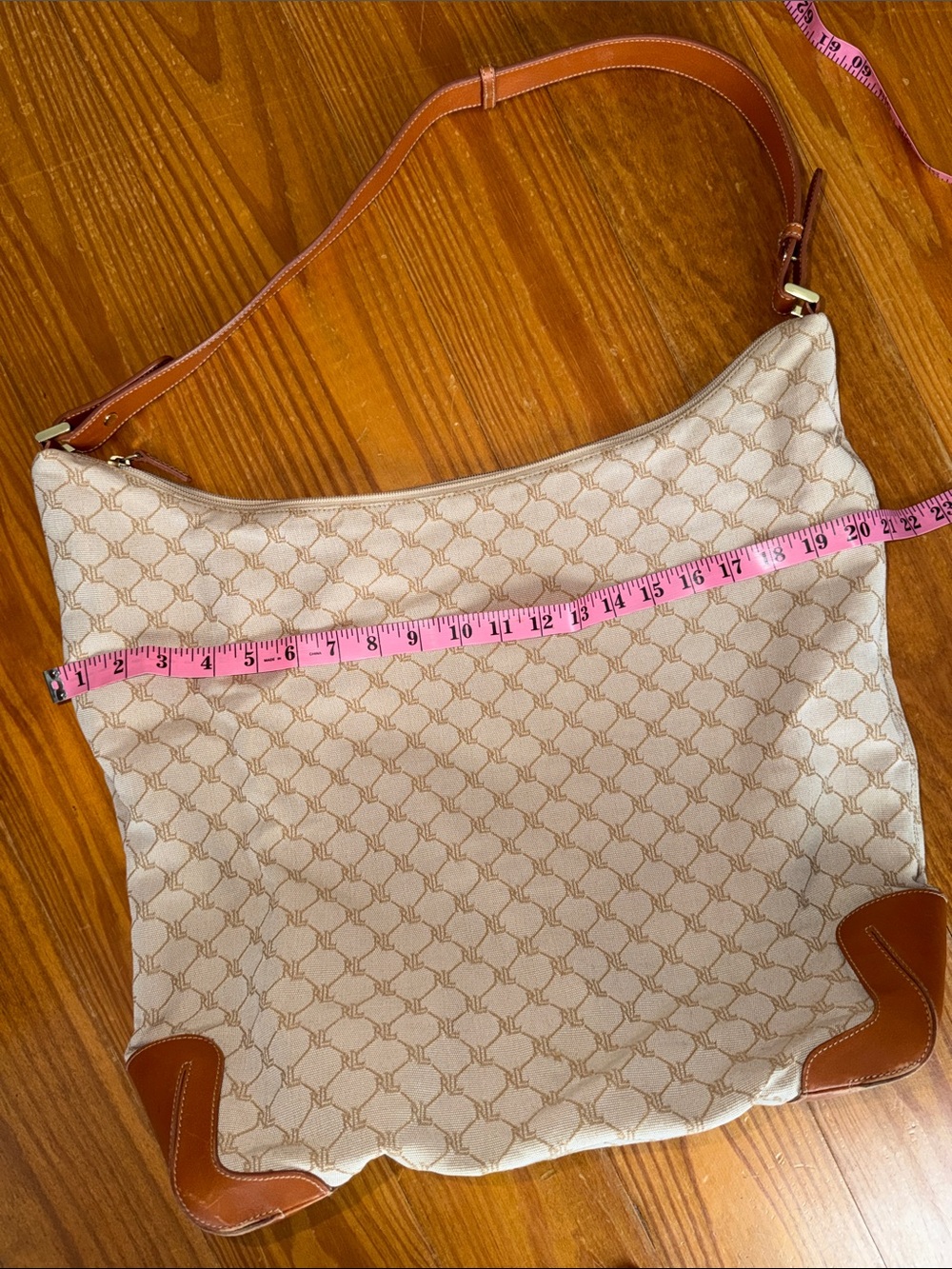 Ralph Lauren Beige Patterned Canvas Shoulder Bag with Tan Leather Trim
